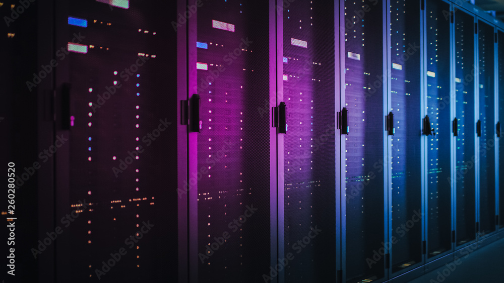 Aufkleber Shot of Dark Data Center With Multiple Rows of Fully Operational Server Racks. Modern Telecommunications, Cloud Computing, Artificial Intelligence, Database, Supercomputer. Pink Neon Light.