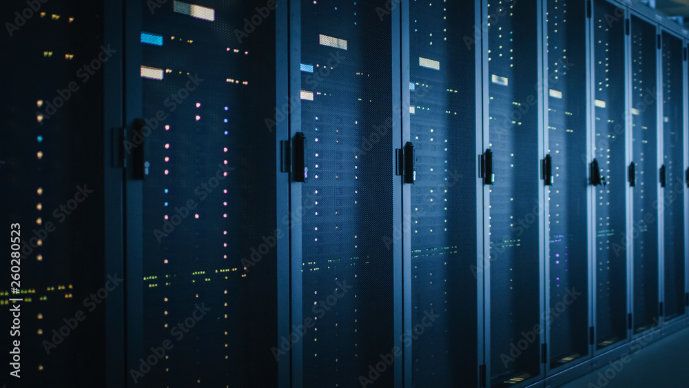 Aufkleber Shot of Dark Data Center With Multiple Rows of Fully Operational Server Racks. Modern Telecommunications, Cloud Computing, Artificial Intelligence, Database, Supercomputer. Blue Neon Light.