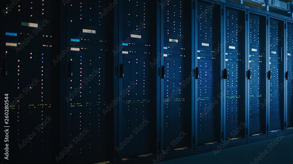Aufkleber Shot of Dark Data Center With Multiple Rows of Fully Operational Server Racks. Modern Telecommunications, Cloud Computing, Artificial Intelligence, Database, Supercomputer.