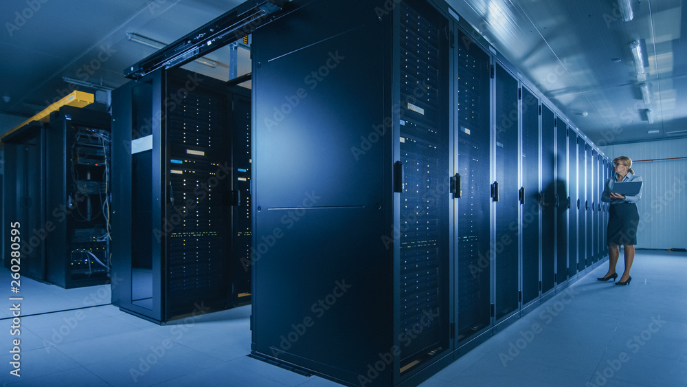 Aufkleber In Data Center: Female IT Technician Running Maintenance Programme on a Laptop, Controls Operational Server Rack Optimal Functioning. Modern High-Tech Telecommunications Operational Data Center.
