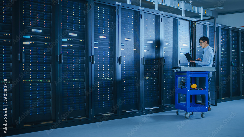 Poster In Data Center: Male IT Technician Running Maintenance Programme on a Laptop, Controls Operational Server Rack Optimal Functioning. Modern High-Tech Telecommunications Operational Super Computer.