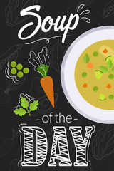Soup of the day menu concept. Soup with ingredients in flat style.