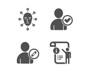 Set of Edit user, Identity confirmed and Face biometrics icons. Manual doc sign. Profile data, Person validated, Facial recognition. Project info.  Classic design edit user icon. Flat design. Vector