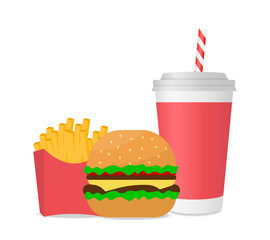 Fast food. French fries, hamburger and cola.