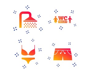 Swimming pool icons. Shower water drops and swimwear symbols. WC Toilet sign. Trunks and women underwear. Random dynamic shapes. Gradient shower icon. Vector