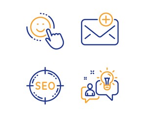 Seo, Smile and New mail icons simple set. Idea sign. Search target, Positive feedback, Add e-mail. Solution. Technology set. Linear seo icon. Colorful design set. Vector