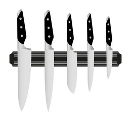 Knives of different sizes. Kitchen knives on a magnet. Set of different types of realistic knives.