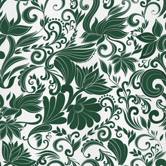 Seamless vector pattern with flowers in dark green colors on a light background