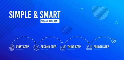Naklejka premium Infographic timeline. Call center, Puzzle and Phone messages icons simple set. Wifi sign. Phone support, Engineering strategy, Mobile chat. Internet router. Technology set. 4 steps layout. Vector
