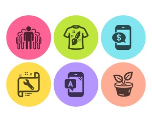 Ab testing, Phone payment and Spanner icons simple set. T-shirt design, Group and Leaves signs. Phone test, Mobile pay. Flat ab testing icon. Circle button. Vector