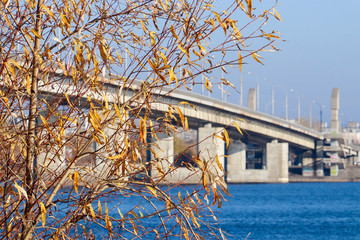 Obraz premium Autumn day in Arkhangelsk. View of the river Northern Dvina and automobile bridge in Arkhangelsk.