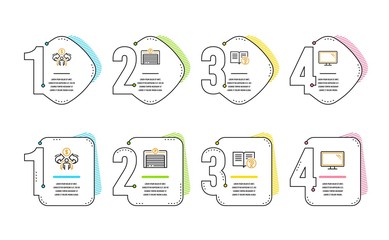 Sharing economy, Parking garage and Help icons simple set. Monitor sign. Share, Automatic door, Documentation. Computer component. Technology set. Infographic timeline. Line sharing economy icon