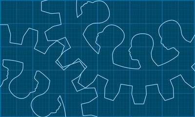 Human heads silhouettes on the Mechanism of Gears. Communication Concept in Industrial Design. Modern brochure design template. Retro tileable measure technical draft.