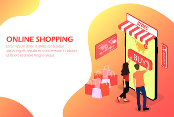 Online shopping. Online store. People. Isometric.