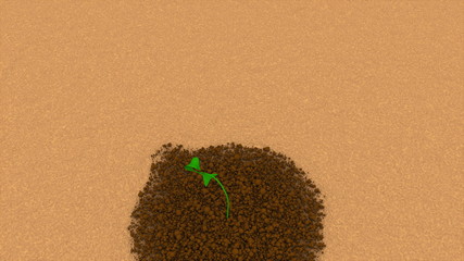 Green sprout appears from the soil and grows with new leaves 3d rendering background, ecological creative