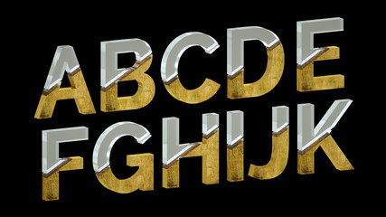Glass and bronze mix alphabet. 3D high quality rendering.