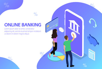 Online banking. Mobile bank. People. Isometric.
