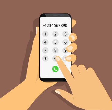 Dialing a number. Phone in hand. Flat design.