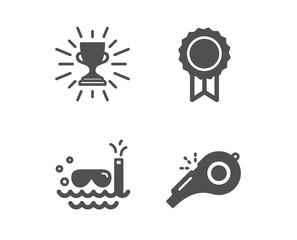 Set of Trophy, Reward and Scuba diving icons. Whistle sign. Winner cup, Best medal, Trip swimming. Kick-off.  Classic design trophy icon. Flat design. Vector