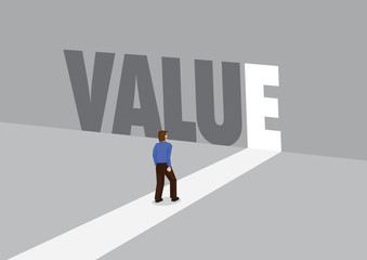 Businessman walking towards a light path with the text value. Business concept of corporate value. Vector illustration.