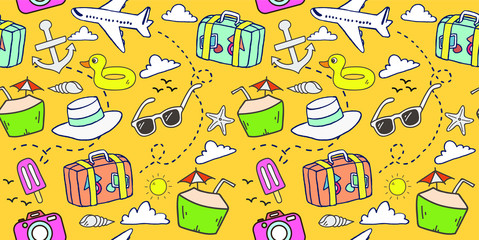 Travel to beach seamless pattern background vector hand drawn illustration