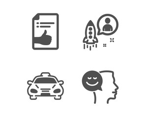 Set of Approved document, Taxi and Startup icons. Good mood sign. Like symbol, Public transportation, Developer. Positive thinking.  Classic design approved document icon. Flat design. Vector