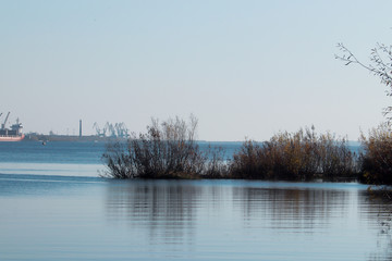 Autumn day in Arkhangelsk. View of the river Northern Dvina and river port in Arkhangelsk.