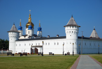Fototapeta na wymiar Seating courtyard and Sophia-Assumption Cathedral. Tobolsk Kremlin. Tobolsk. Russia