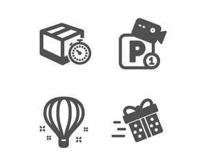 Set of Delivery timer, Parking security and Air balloon icons. Present delivery sign. Express logistics, Video camera, Sky travelling. Shopping service.  Classic design delivery timer icon. Vector