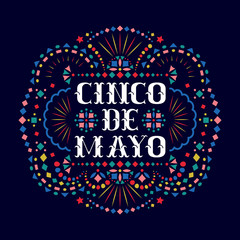 Fototapeta na wymiar Cinco de mayo festive card with text and Mexican embroidery motif.