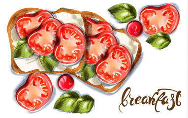Breakfast toast with goat cheese and cherry tomatoes Vector watercolor. Delicious meals