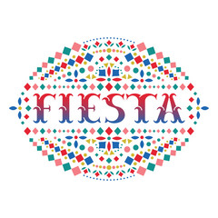 Fototapeta na wymiar Fiesta creative word for festive card with Mexican embroidery motif.