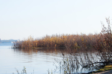 Autumn day in Arkhangelsk. View of the river Northern Dvina and river port in Arkhangelsk.