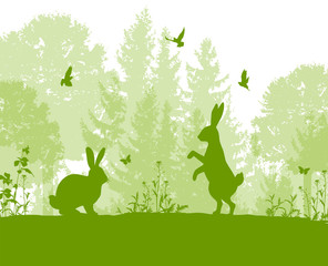 Green nature landscape with rabbits