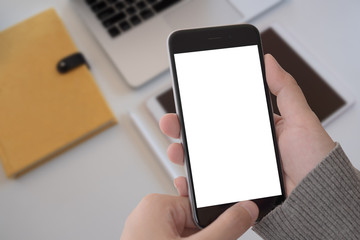 woman using Smartphone. Blank screen mobile phone for graphic display montage.networking service.