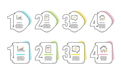 Checked file, Chart and Medical chat icons simple set. Loan house sign. Correct document, Presentation chart, Medicine help. Discount percent. Technology set. Infographic timeline. Vector