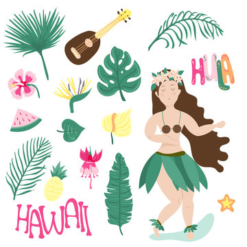 Traditional symbols of Hawaiian culture set, girl dancing hula ,hibiscus, ukulele, exotic flowers vector Illustrations on a white background. Design poster collection