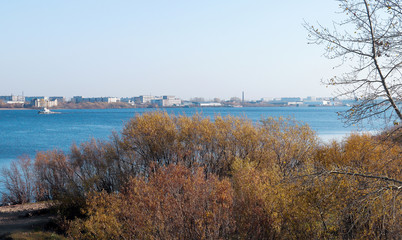 Autumn day in Arkhangelsk. View of the river Northern Dvina and river port in Arkhangelsk.
