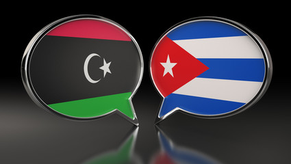 Libya and Cuba flags with Speech Bubbles. 3D Illustration