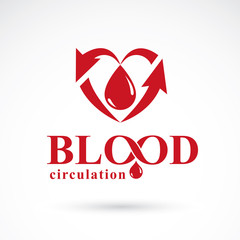 Vector illustration of heart shape with arrows and drops of blood. Blood circulation concept, rehabilitation creative symbol isolated on white.