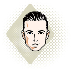 Vector illustration of handsome brunet male face, positive face features, clipart.