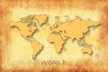 Old vintage style world map, paper texture background