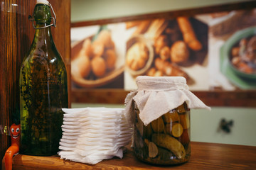 Green vegetables in a bottle. Cucumber, Dill, Spices, Herbs. Raw, vegan, vegetarian, healthy food.
