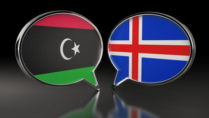 Libya and Iceland flags with Speech Bubbles. 3D Illustration