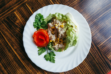Fresh healthy salad in bowl and ingredients