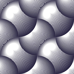 Abstract lines geometric seamless pattern, vector repeat endless fabric background. Overlapping circles funky theme. Single color, black and white. Usable for fabric, wallpaper, wrapping, web and prin