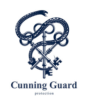 Snake wraps around vintage key, protected secret concept, turnkey and serpent old style tattoo, vector symbol logo or emblem.
