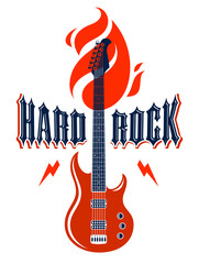 Fototapeta na wymiar Hard Rock emblem with electric guitar vector logo, concert festival or night club label, music theme illustration, guitar shop or t-shirt print, rock band sign with stylish typography.