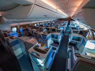 Interior View of Emirates Airline Airbus A380-800 Business Class Cabin with Luxury Seats on a Flight from Munich to Dubai © YoungHwan