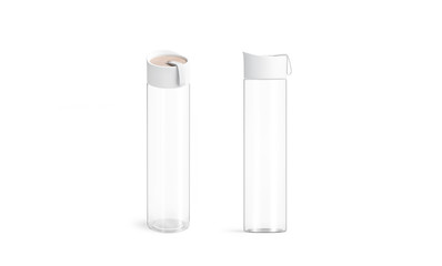 Blank white glass sport bottle mockup set, front and side view, 3d rendering. Clear plexiglass flask for tourism mock up, isolated. Clear beverage container for print design template.